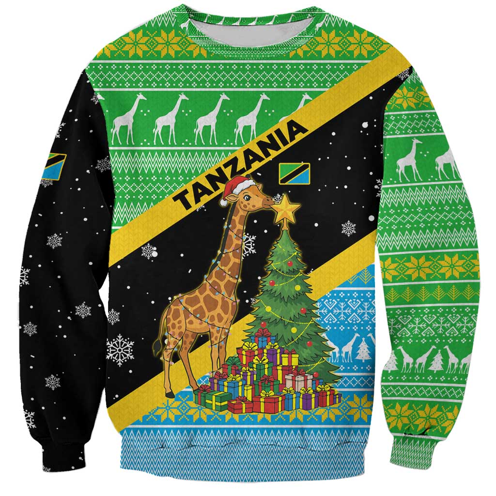 Tanzania Christmas Sweatshirt with Giraffe Christmas Tree Snowflakes and Flag - Wonder Print Shop