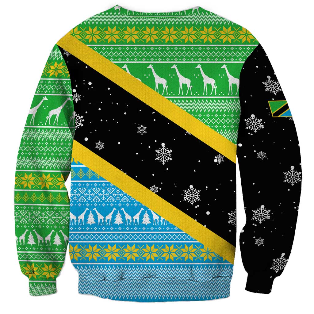 Tanzania Christmas Sweatshirt with Giraffe Christmas Tree Snowflakes and Flag - Wonder Print Shop