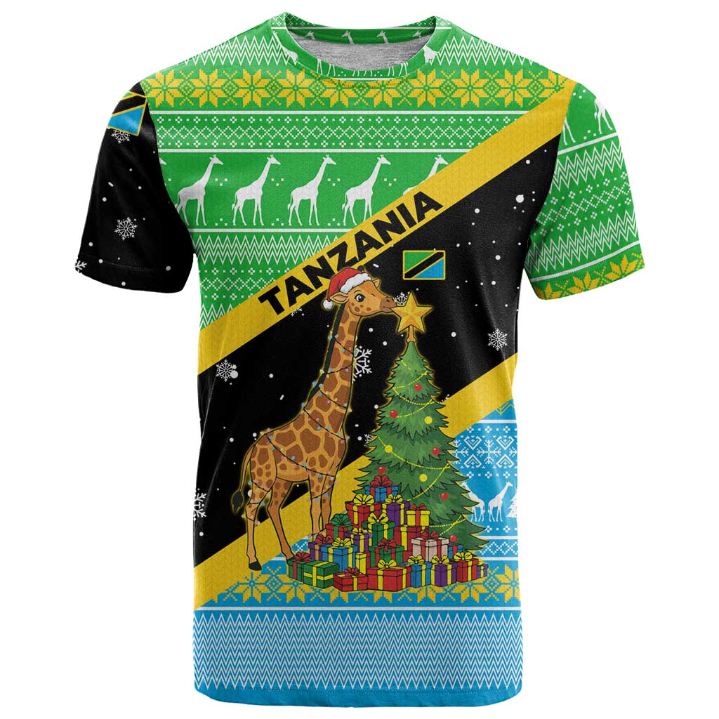 Tanzania Christmas T Shirt with Giraffe Christmas Tree Snowflakes and Flag - Wonder Print Shop