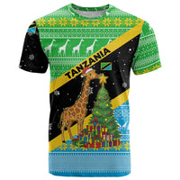 Tanzania Christmas T Shirt with Giraffe Christmas Tree Snowflakes and Flag - Wonder Print Shop