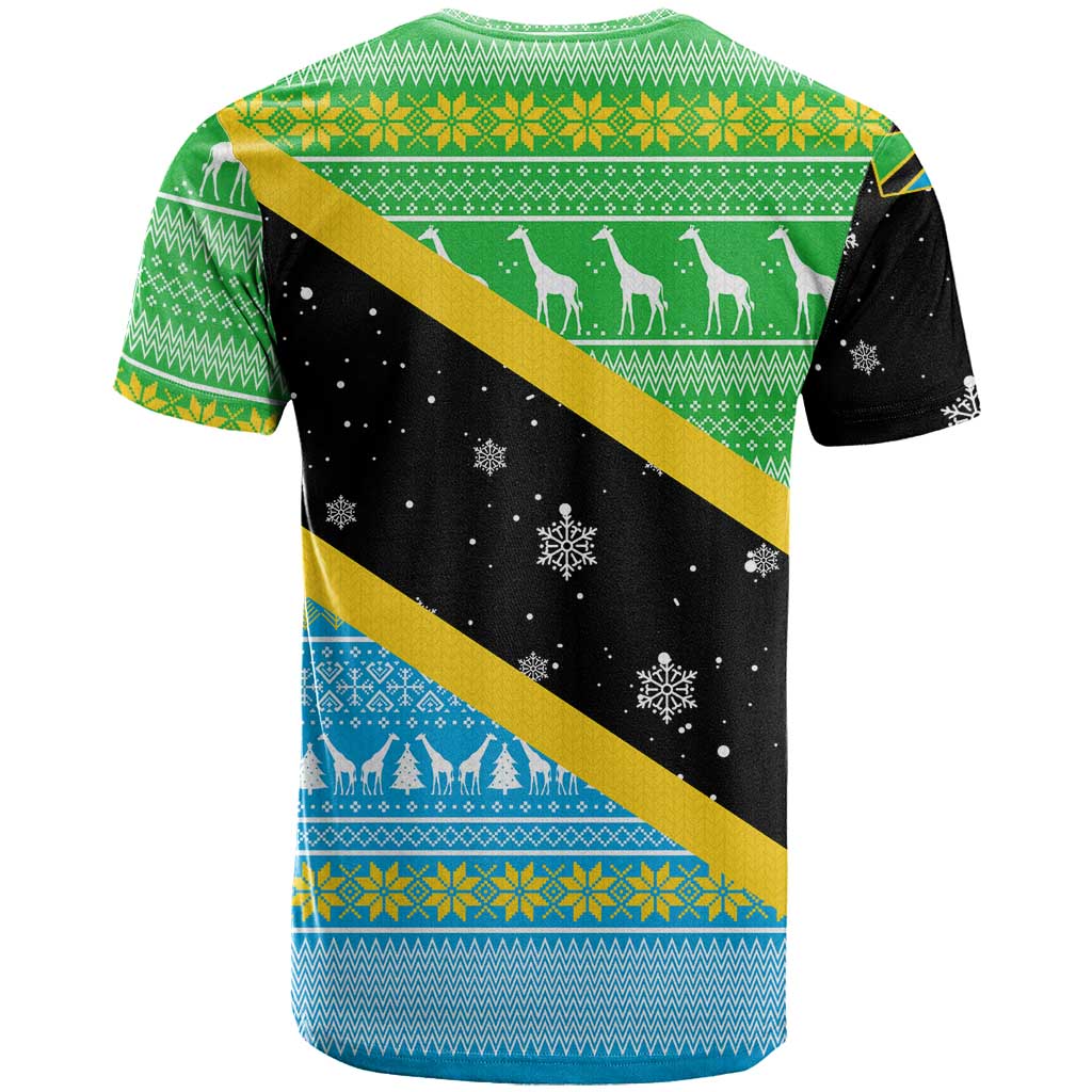 Tanzania Christmas T Shirt with Giraffe Christmas Tree Snowflakes and Flag - Wonder Print Shop