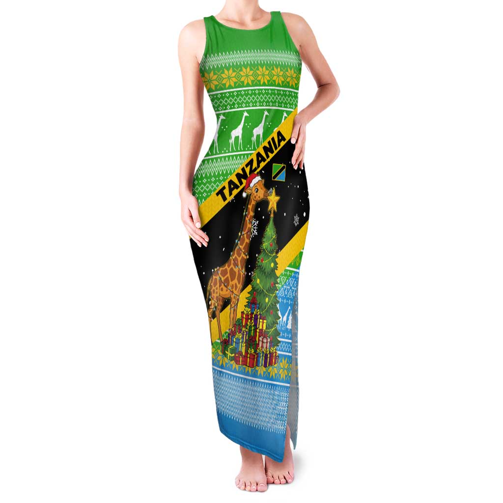 Tanzania Christmas Tank Maxi Dress with Giraffe Christmas Tree Snowflakes and Flag - Wonder Print Shop