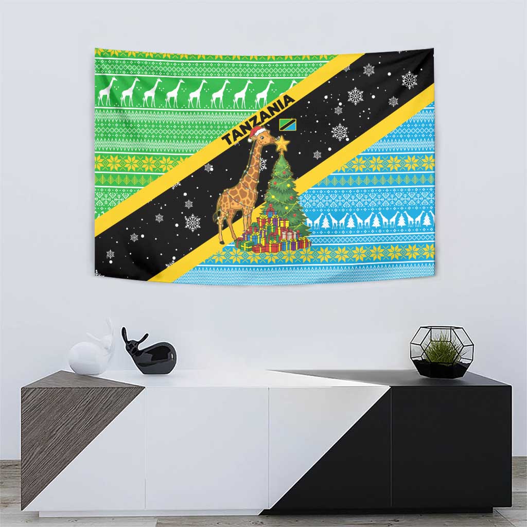 Tanzania Christmas Tapestry with Giraffe Christmas Tree Snowflakes and Flag - Wonder Print Shop