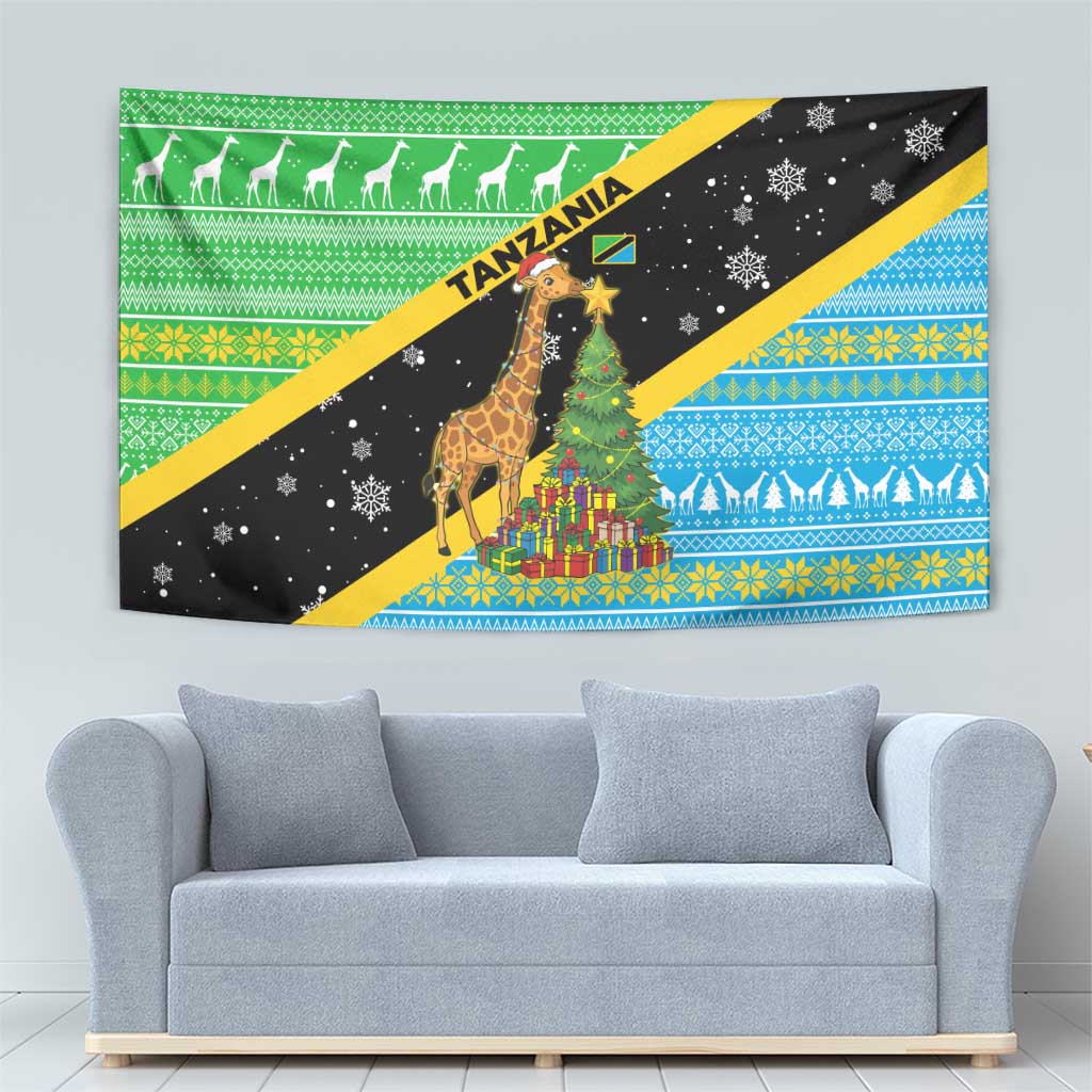 Tanzania Christmas Tapestry with Giraffe Christmas Tree Snowflakes and Flag - Wonder Print Shop