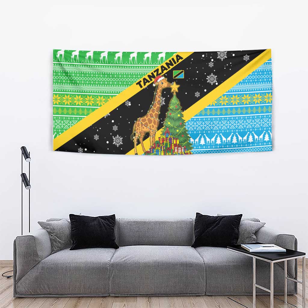 Tanzania Christmas Tapestry with Giraffe Christmas Tree Snowflakes and Flag - Wonder Print Shop