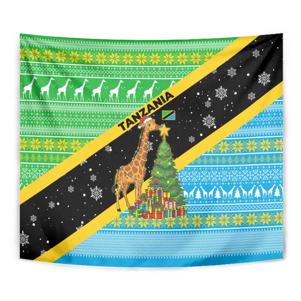 Tanzania Christmas Tapestry with Giraffe Christmas Tree Snowflakes and Flag - Wonder Print Shop