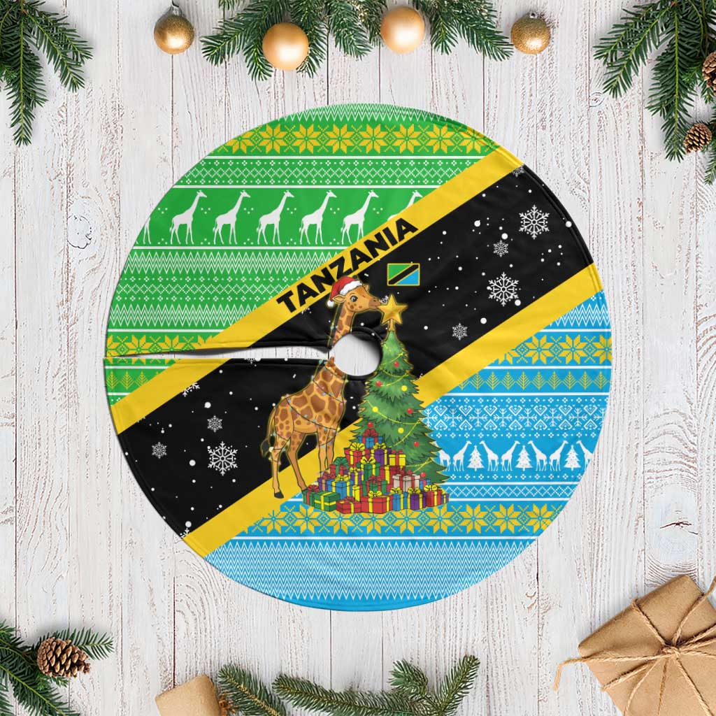 Tanzania Christmas Tree Skirt with Giraffe Christmas Tree Snowflakes and Flag - Wonder Print Shop