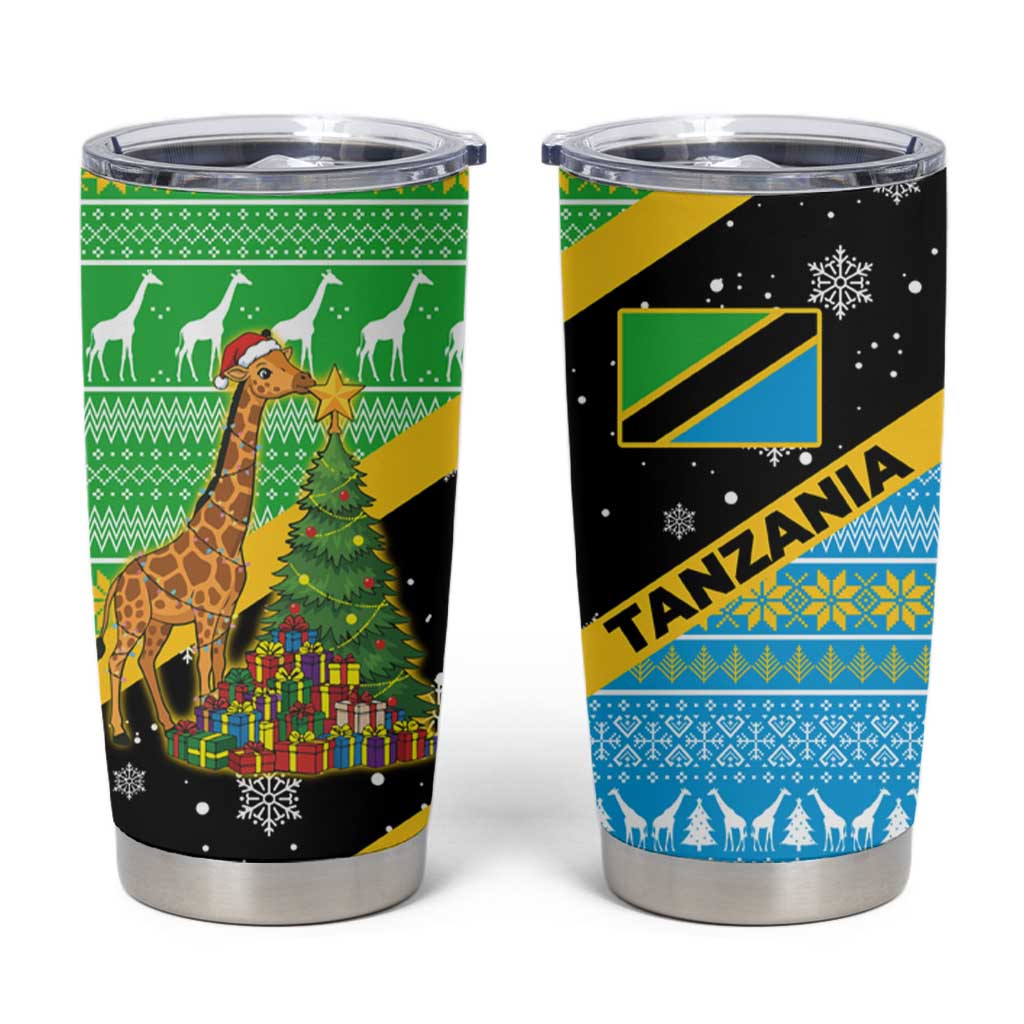 Tanzania Christmas Tumbler Cup with Giraffe Christmas Tree Snowflakes and Flag - Wonder Print Shop