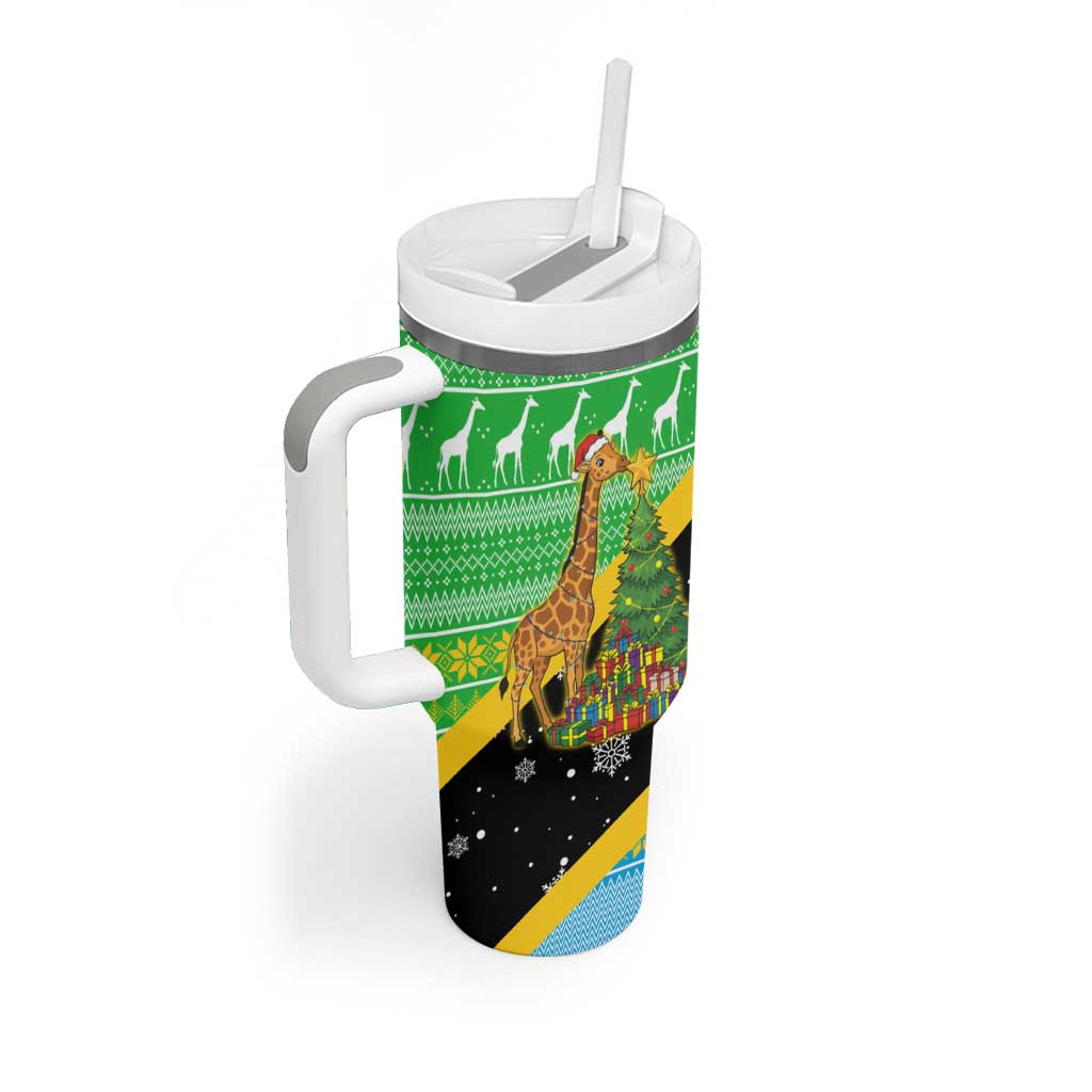 Tanzania Christmas Tumbler With Handle with Giraffe Christmas Tree Snowflakes and Flag - Wonder Print Shop