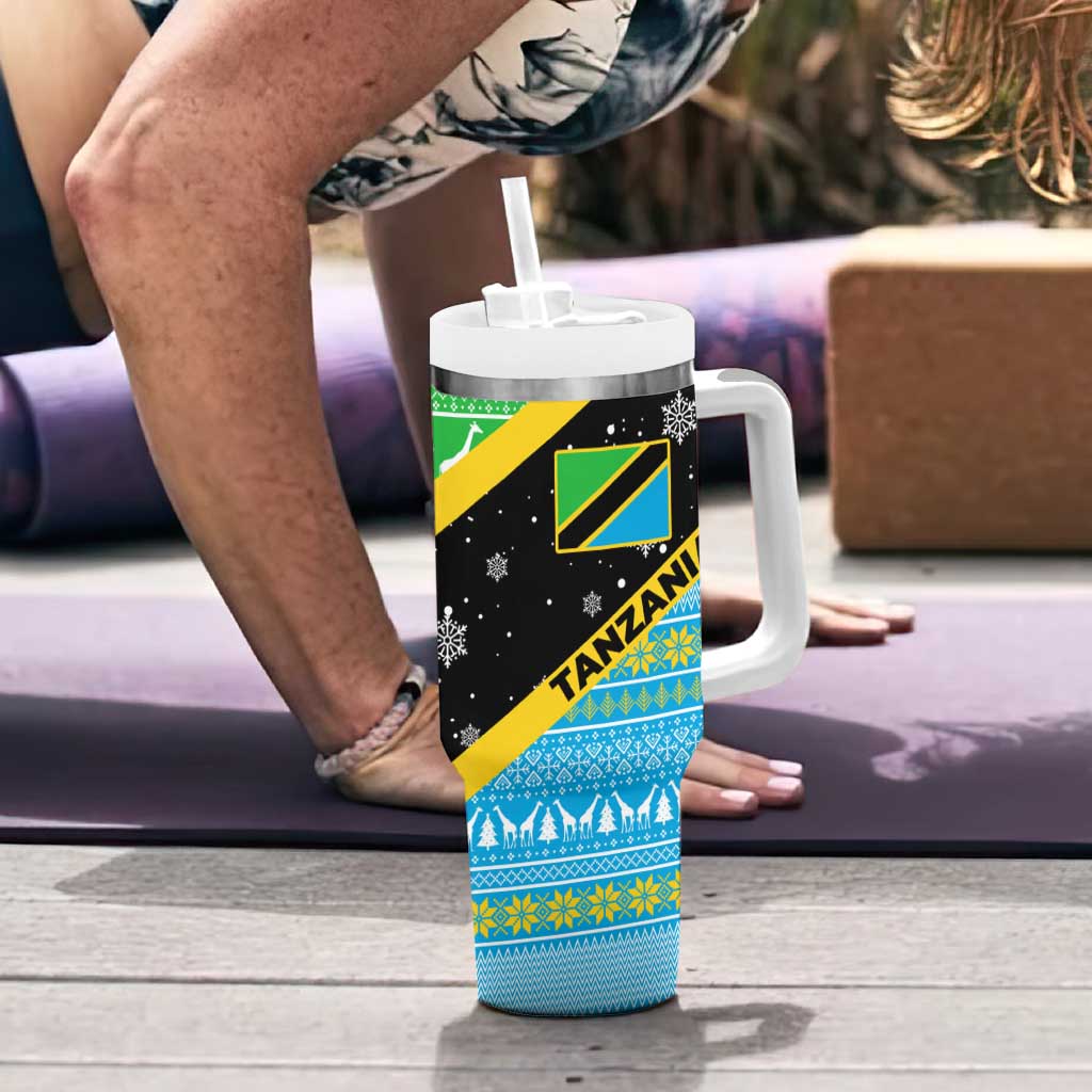 Tanzania Christmas Tumbler With Handle with Giraffe Christmas Tree Snowflakes and Flag - Wonder Print Shop