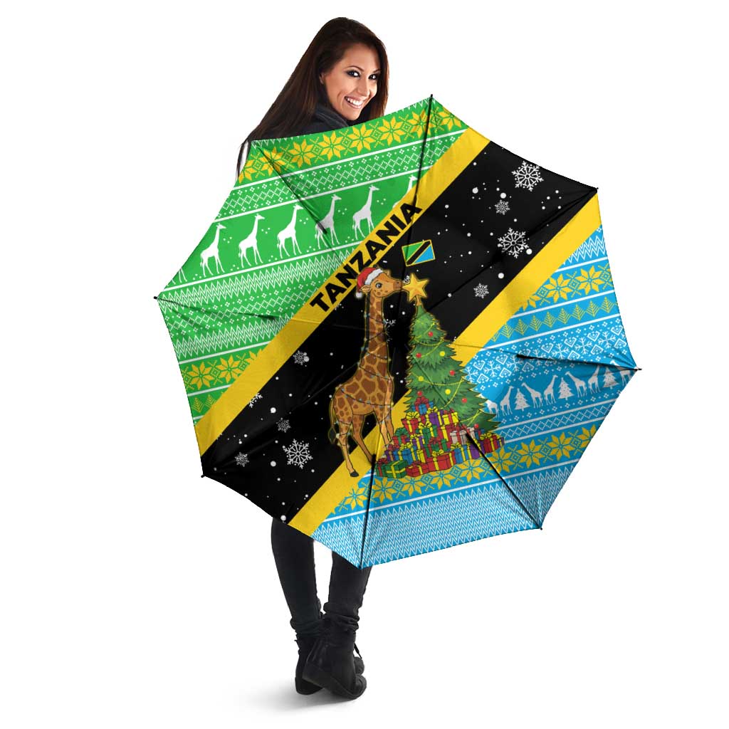 Tanzania Christmas Umbrella with Giraffe Christmas Tree Snowflakes and Flag - Wonder Print Shop