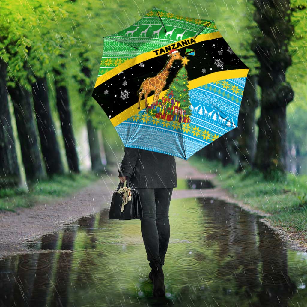 Tanzania Christmas Umbrella with Giraffe Christmas Tree Snowflakes and Flag - Wonder Print Shop