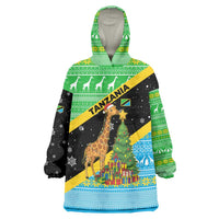 Tanzania Christmas Wearable Blanket Hoodie with Giraffe Christmas Tree Snowflakes and Flag - Wonder Print Shop