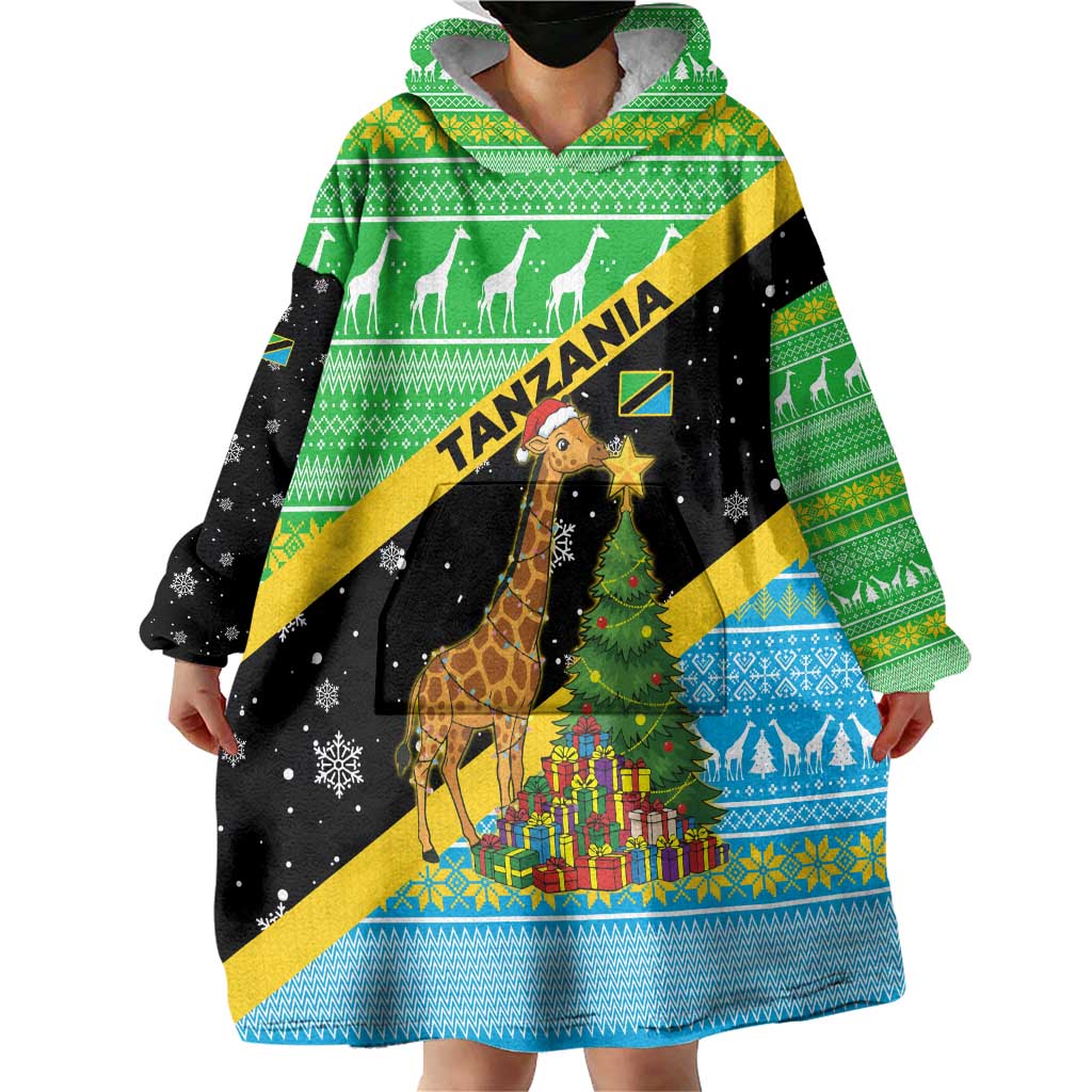 Tanzania Christmas Wearable Blanket Hoodie with Giraffe Christmas Tree Snowflakes and Flag - Wonder Print Shop