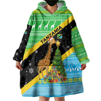 Tanzania Christmas Wearable Blanket Hoodie with Giraffe Christmas Tree Snowflakes and Flag - Wonder Print Shop