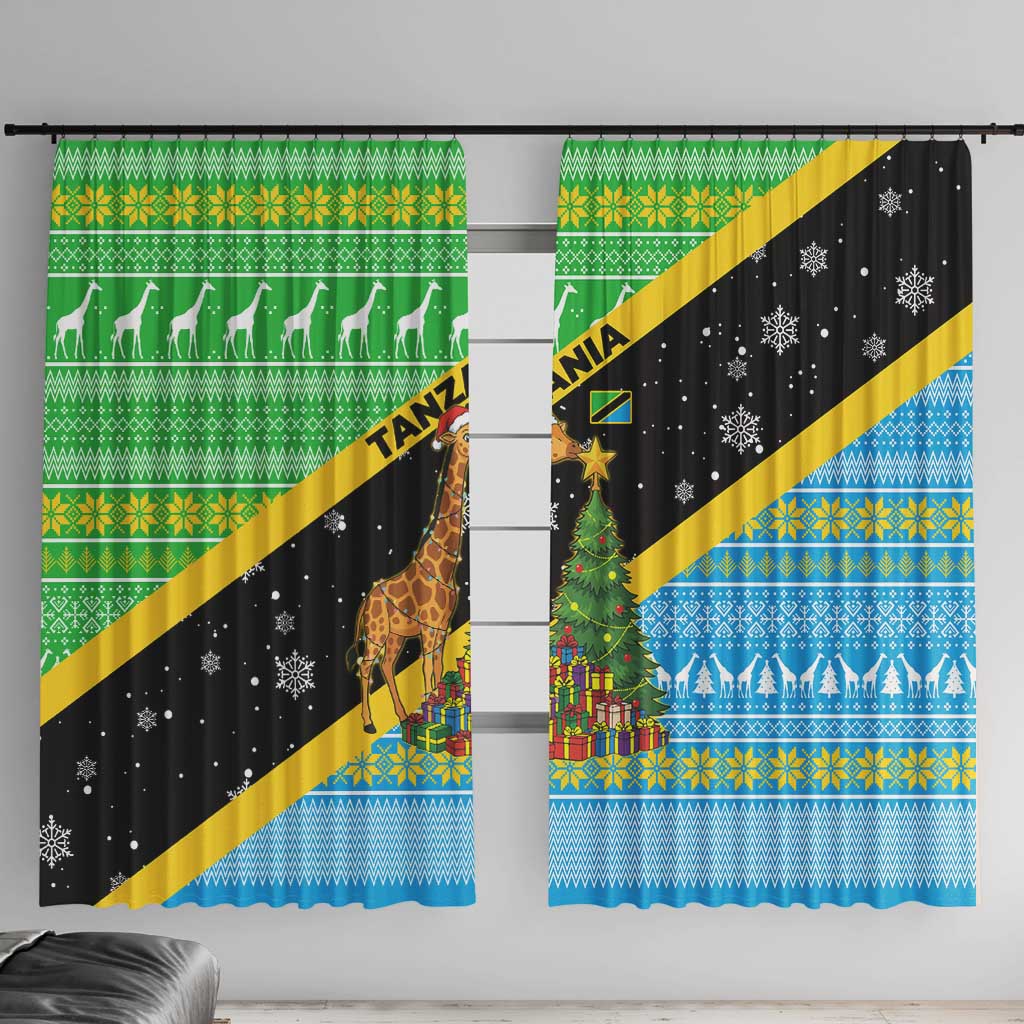 Tanzania Christmas Window Curtain with Giraffe Christmas Tree Snowflakes and Flag - Wonder Print Shop