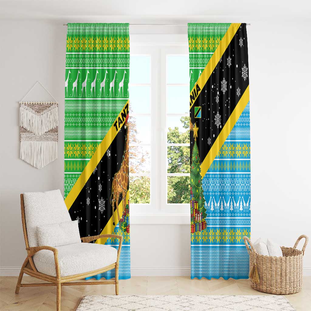 Tanzania Christmas Window Curtain with Giraffe Christmas Tree Snowflakes and Flag - Wonder Print Shop