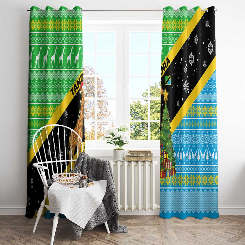 Tanzania Christmas Window Curtain with Giraffe Christmas Tree Snowflakes and Flag - Wonder Print Shop