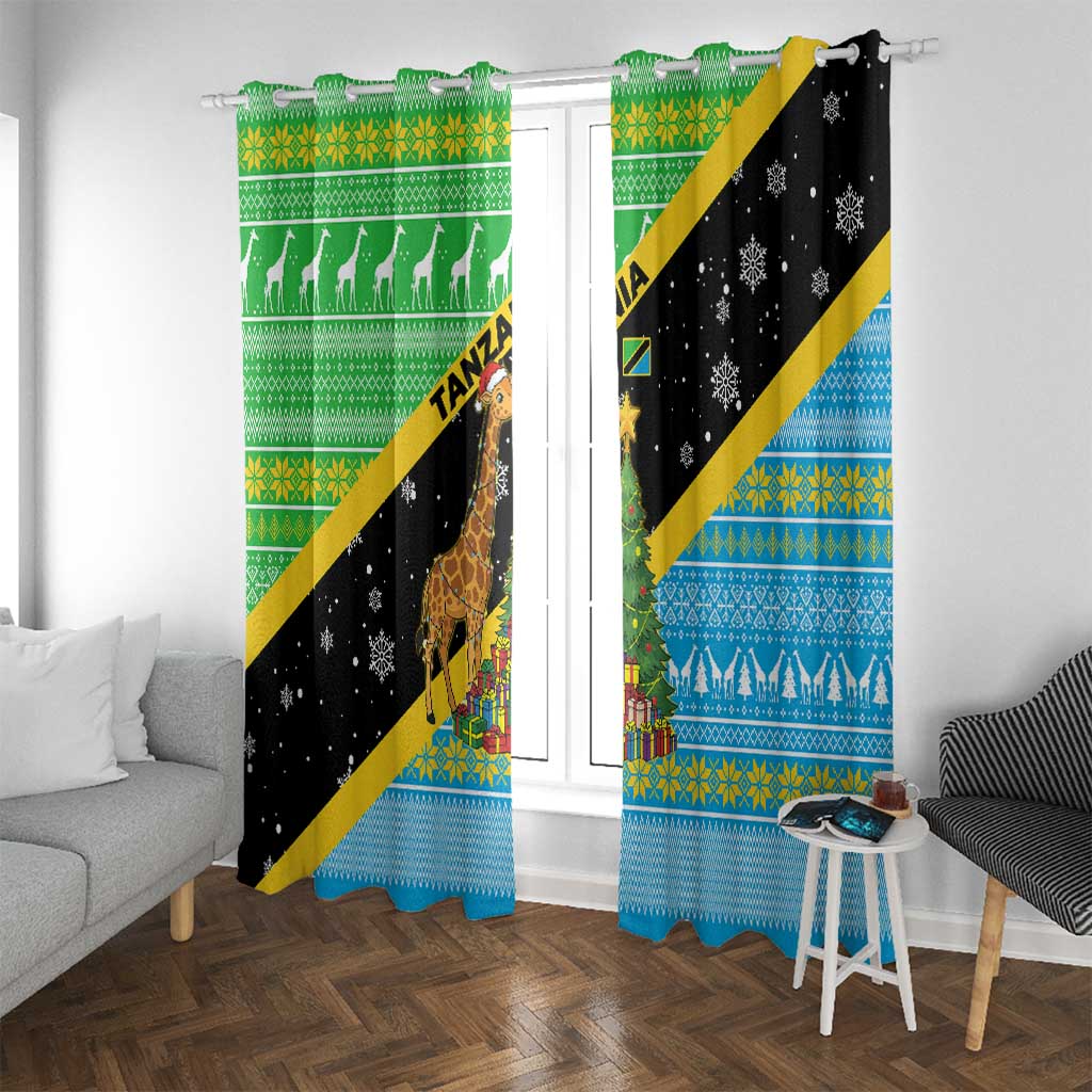 Tanzania Christmas Window Curtain with Giraffe Christmas Tree Snowflakes and Flag - Wonder Print Shop