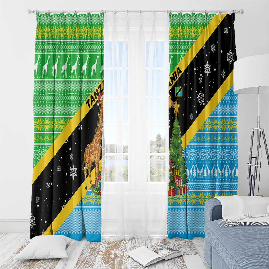 Tanzania Christmas Window Curtain with Giraffe Christmas Tree Snowflakes and Flag - Wonder Print Shop