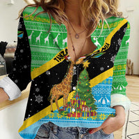 Tanzania Christmas Women Casual Shirt with Giraffe Christmas Tree Snowflakes and Flag - Wonder Print Shop