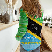 Tanzania Christmas Women Casual Shirt with Giraffe Christmas Tree Snowflakes and Flag - Wonder Print Shop