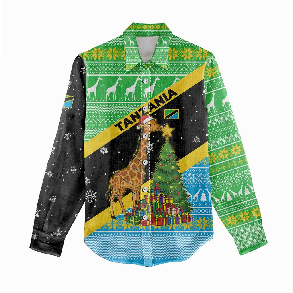 Tanzania Christmas Women Casual Shirt with Giraffe Christmas Tree Snowflakes and Flag - Wonder Print Shop
