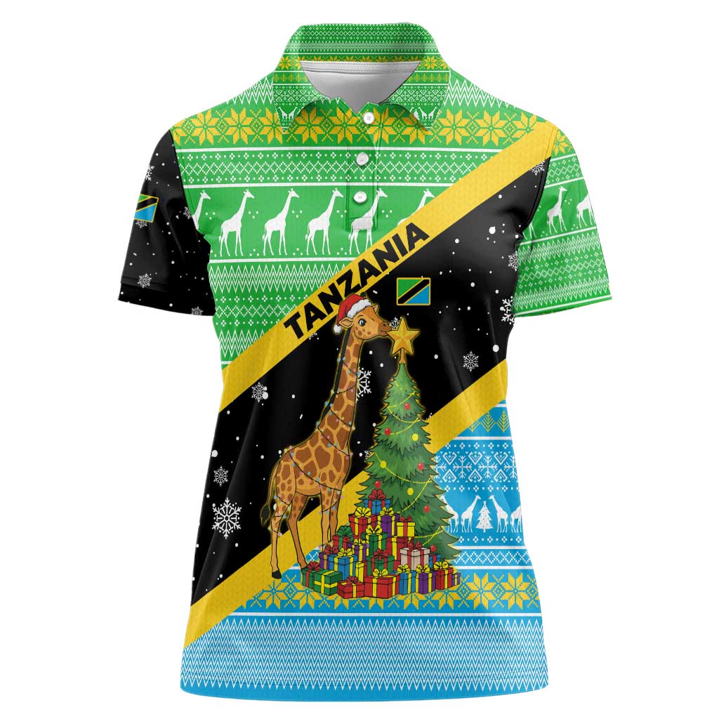 Tanzania Christmas Women Polo Shirt with Giraffe Christmas Tree Snowflakes and Flag - Wonder Print Shop