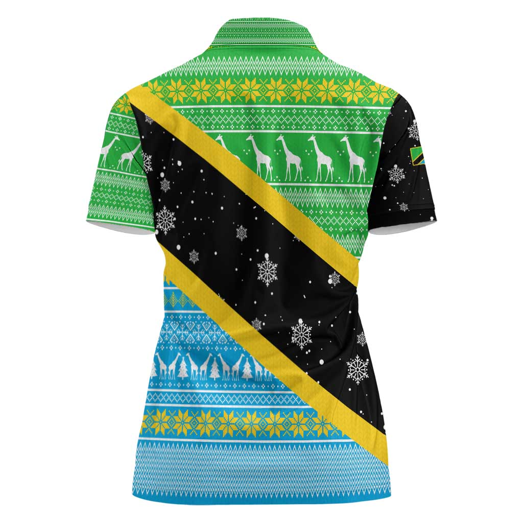 Tanzania Christmas Women Polo Shirt with Giraffe Christmas Tree Snowflakes and Flag - Wonder Print Shop