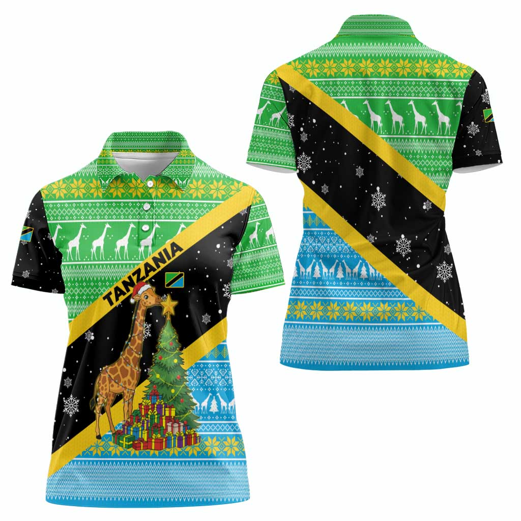 Tanzania Christmas Women Polo Shirt with Giraffe Christmas Tree Snowflakes and Flag - Wonder Print Shop