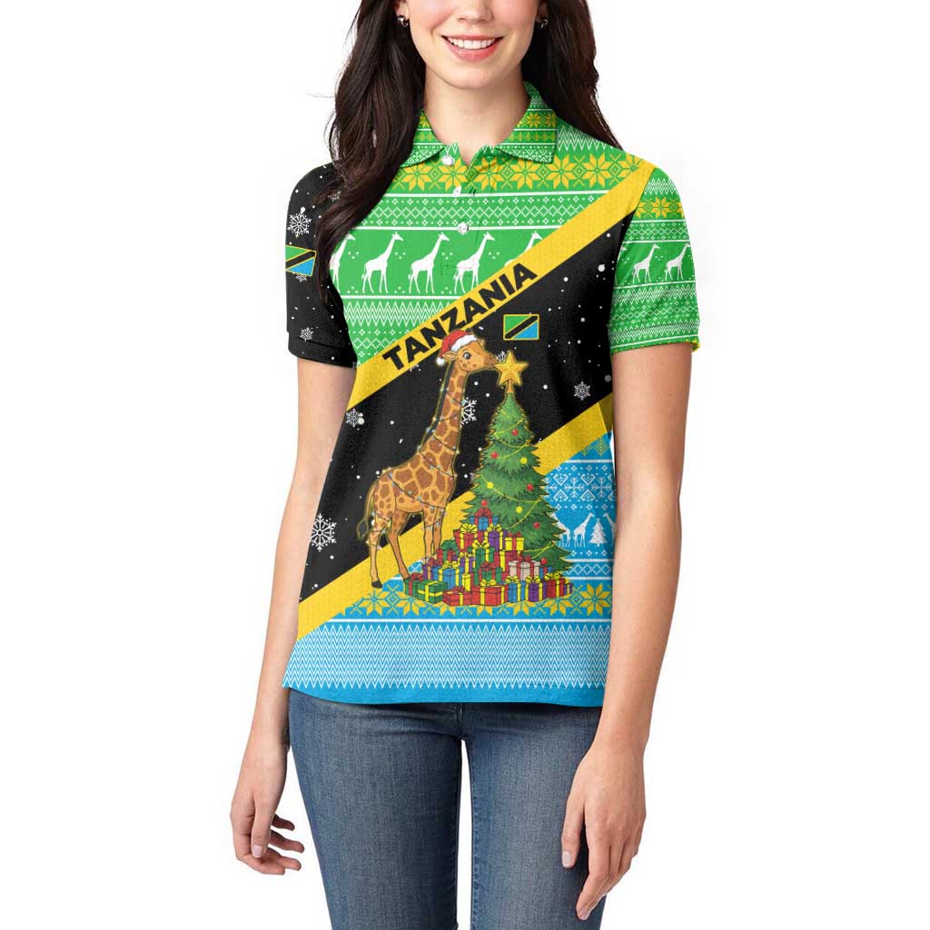 Tanzania Christmas Women Polo Shirt with Giraffe Christmas Tree Snowflakes and Flag - Wonder Print Shop