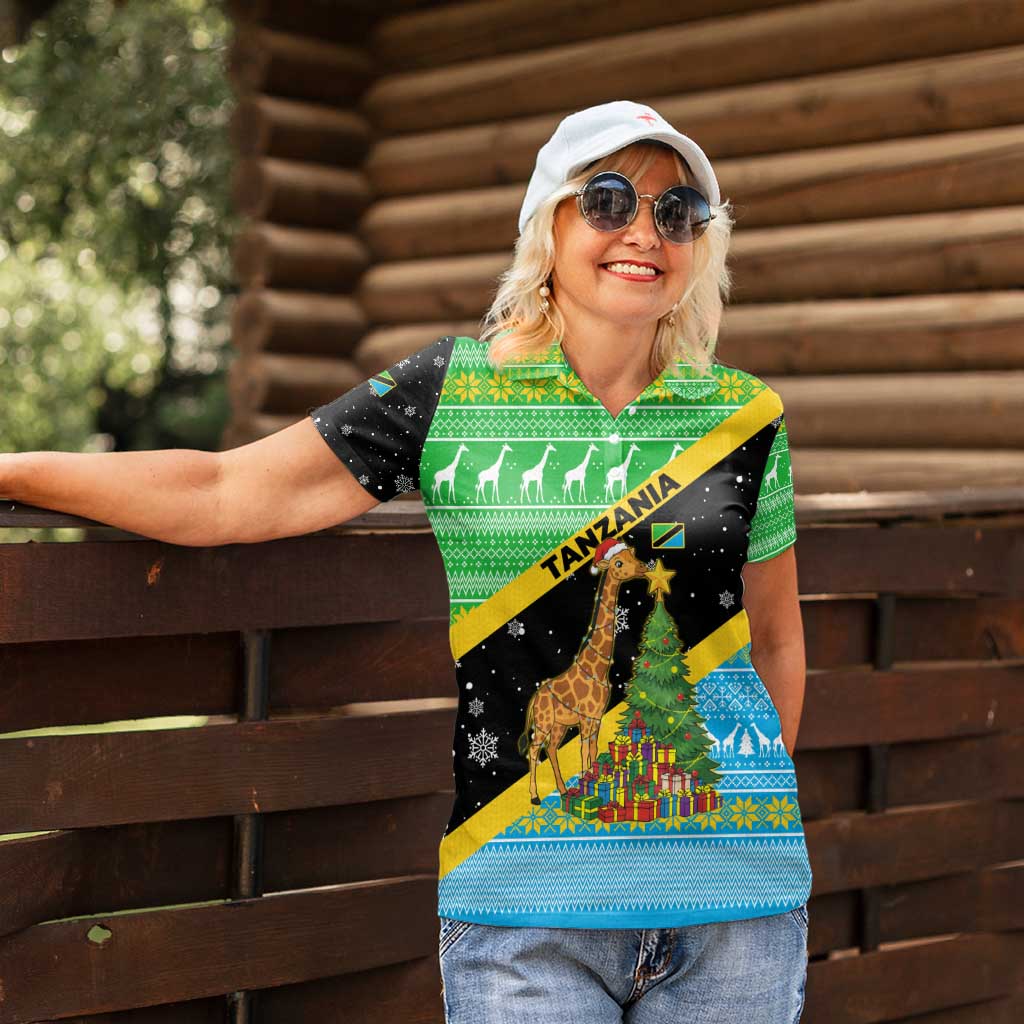 Tanzania Christmas Women Polo Shirt with Giraffe Christmas Tree Snowflakes and Flag - Wonder Print Shop