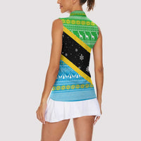 Tanzania Christmas Women Sleeveless Polo Shirt with Giraffe Christmas Tree Snowflakes and Flag - Wonder Print Shop