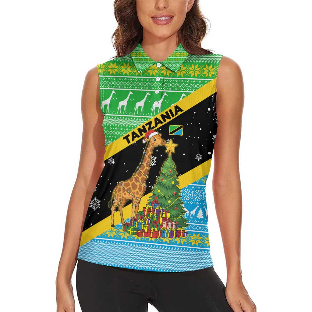 Tanzania Christmas Women Sleeveless Polo Shirt with Giraffe Christmas Tree Snowflakes and Flag - Wonder Print Shop