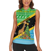 Tanzania Christmas Women Sleeveless Polo Shirt with Giraffe Christmas Tree Snowflakes and Flag - Wonder Print Shop
