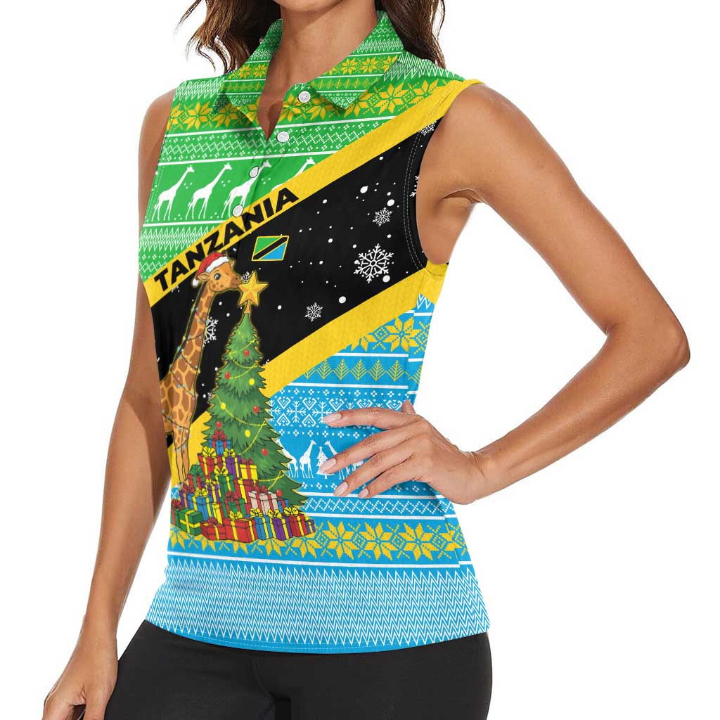 Tanzania Christmas Women Sleeveless Polo Shirt with Giraffe Christmas Tree Snowflakes and Flag - Wonder Print Shop
