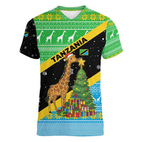 Tanzania Christmas Women V-Neck T-Shirt with Giraffe Christmas Tree Snowflakes and Flag - Wonder Print Shop