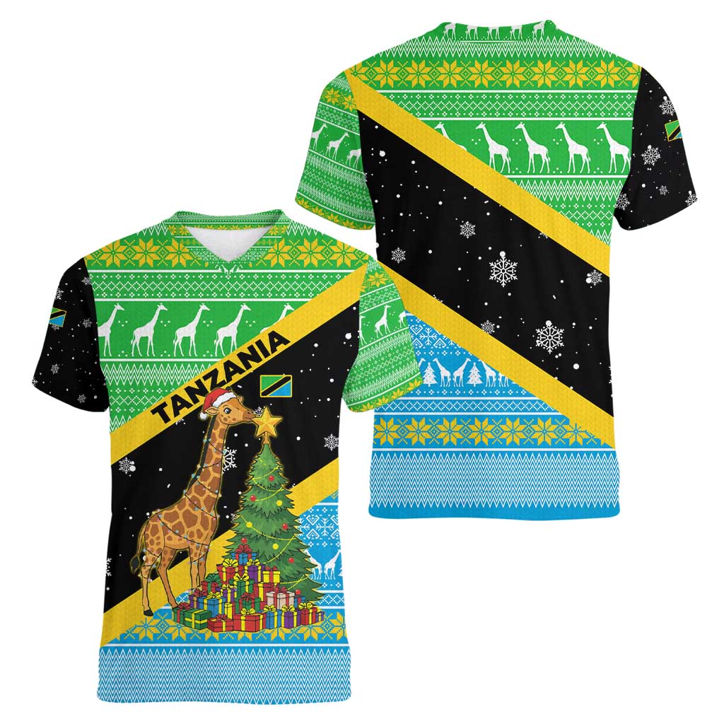 Tanzania Christmas Women V-Neck T-Shirt with Giraffe Christmas Tree Snowflakes and Flag - Wonder Print Shop