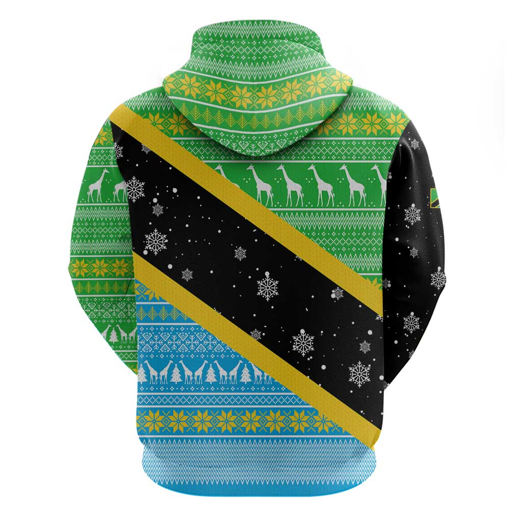Tanzania Christmas Zip Hoodie with Giraffe Christmas Tree Snowflakes and Flag - Wonder Print Shop