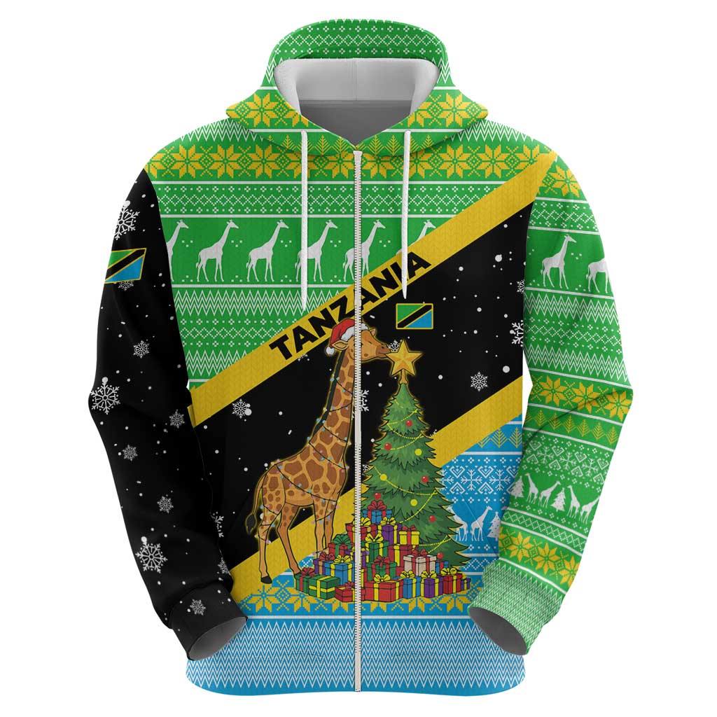 Tanzania Christmas Zip Hoodie with Giraffe Christmas Tree Snowflakes and Flag - Wonder Print Shop