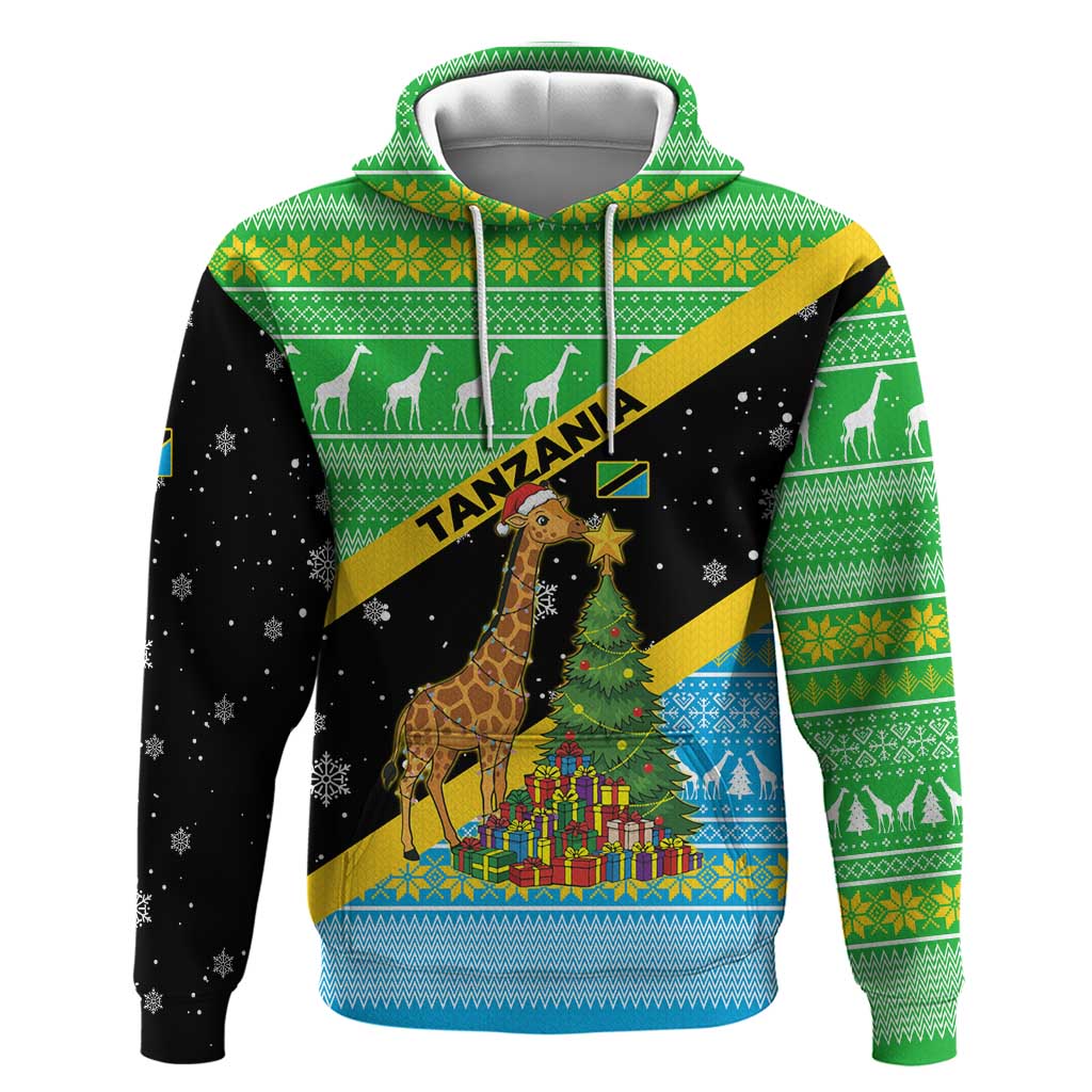 Tanzania Christmas Zip Hoodie with Giraffe Christmas Tree Snowflakes and Flag - Wonder Print Shop