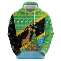 Tanzania Christmas Zip Hoodie with Giraffe Christmas Tree Snowflakes and Flag - Wonder Print Shop