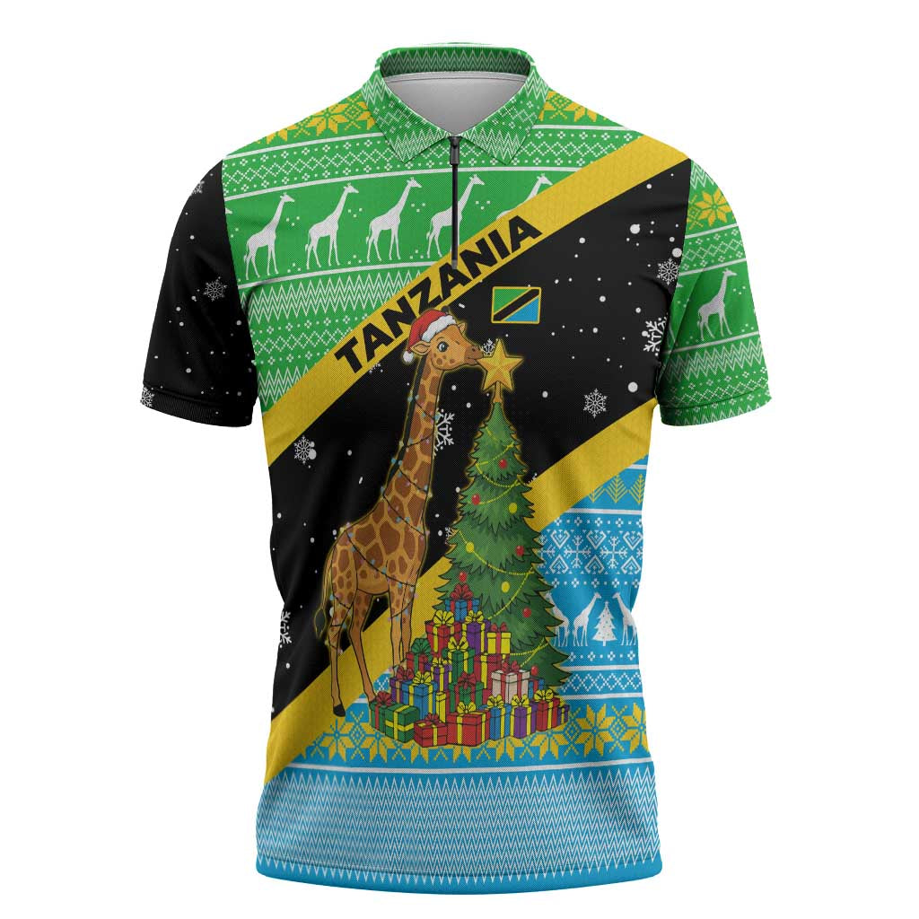 Tanzania Christmas Zipper Polo Shirt with Giraffe Christmas Tree Snowflakes and Flag - Wonder Print Shop