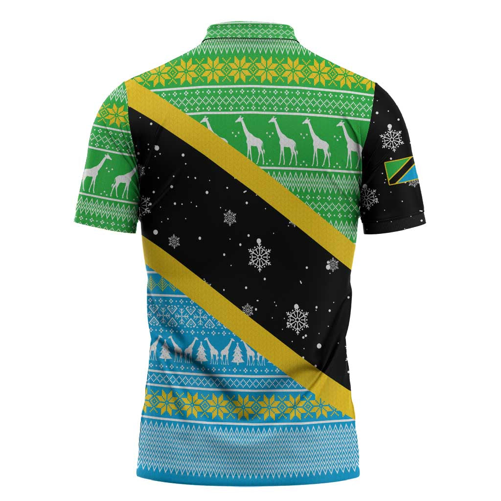 Tanzania Christmas Zipper Polo Shirt with Giraffe Christmas Tree Snowflakes and Flag - Wonder Print Shop