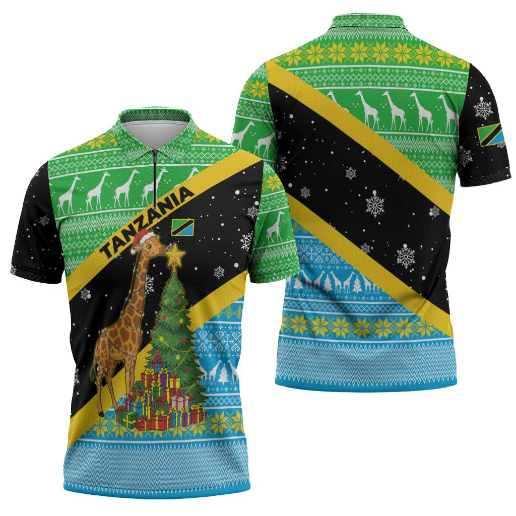 Tanzania Christmas Zipper Polo Shirt with Giraffe Christmas Tree Snowflakes and Flag - Wonder Print Shop