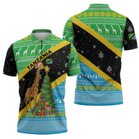 Tanzania Christmas Zipper Polo Shirt with Giraffe Christmas Tree Snowflakes and Flag - Wonder Print Shop