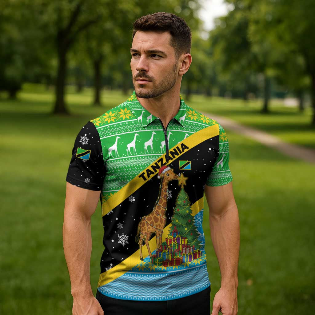 Tanzania Christmas Zipper Polo Shirt with Giraffe Christmas Tree Snowflakes and Flag - Wonder Print Shop