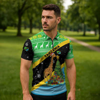 Tanzania Christmas Zipper Polo Shirt with Giraffe Christmas Tree Snowflakes and Flag - Wonder Print Shop