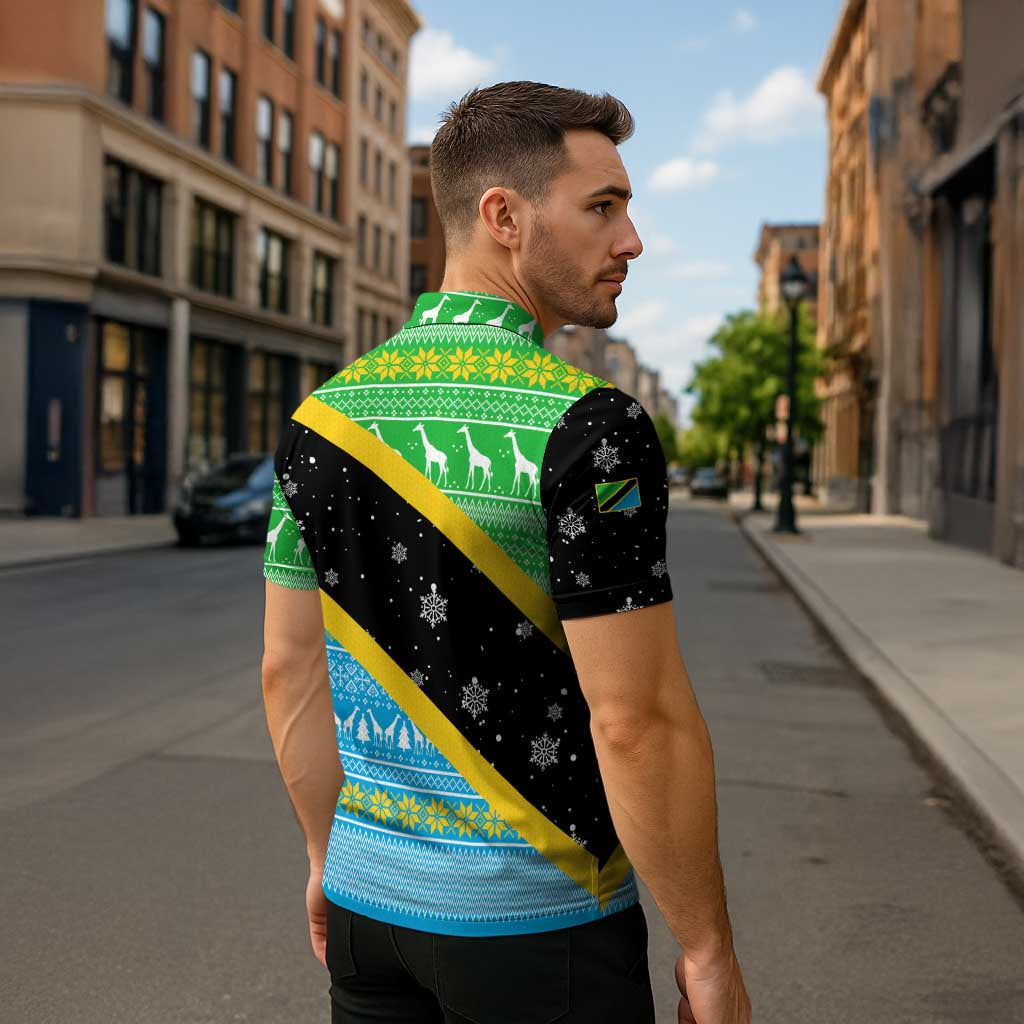 Tanzania Christmas Zipper Polo Shirt with Giraffe Christmas Tree Snowflakes and Flag - Wonder Print Shop