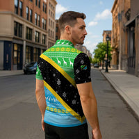 Tanzania Christmas Zipper Polo Shirt with Giraffe Christmas Tree Snowflakes and Flag - Wonder Print Shop
